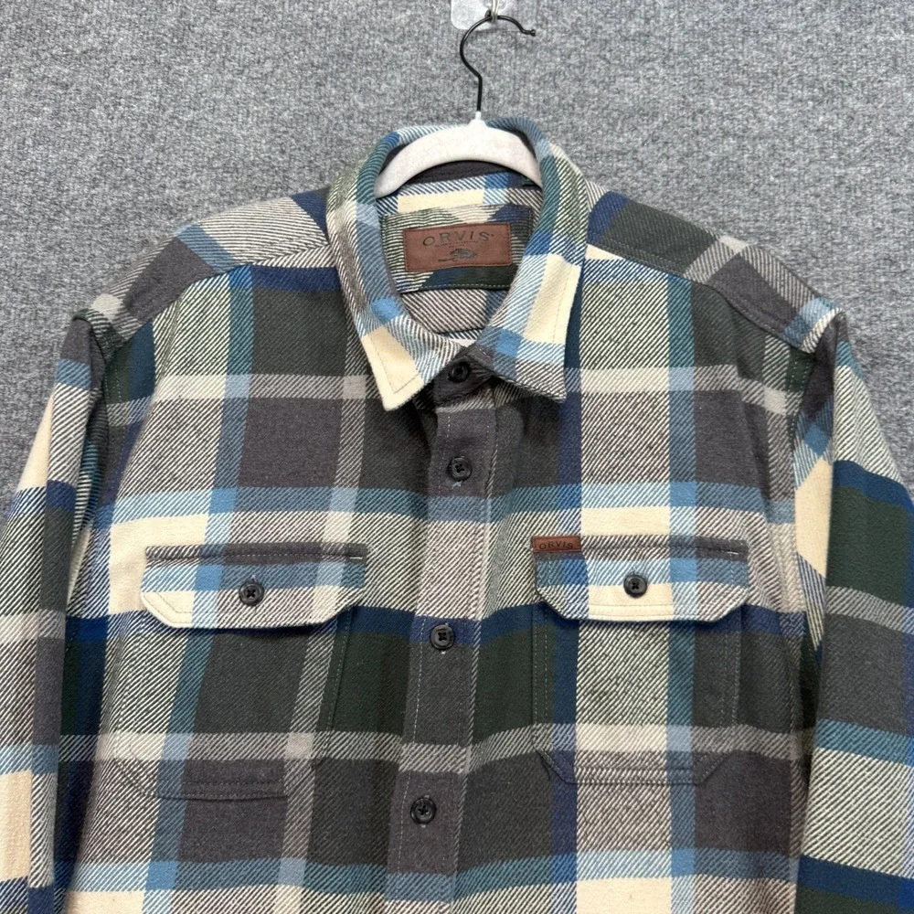 Orvis Flannel Shirt‎ Jacket Mens XXL Blue Green Fleece Lined Plaid Shacket Heavy